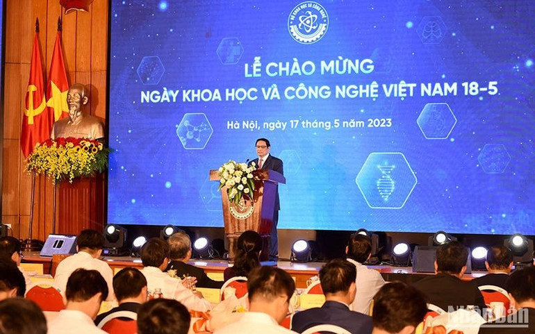 Thủ tướng Phạm Minh Chính dự lễ chào mừng Ngày Khoa học và Công nghệ Việt Nam tại Bộ Khoa học và Công nghệ. (Ảnh: TRẦN HẢI)