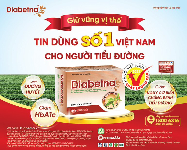 TPBVSK Diabetna được sản xuất bởi Công ty TNHH Nam Dược - Đơn vị được chứng nhận Hàng Việt Nam Chất Lượng Cao (năm 2023). TPBVSK Diabetna được sản xuất bởi Công ty TNHH Nam Dược - Đơn vị được chứng nhận Hàng Việt Nam Chất Lượng Cao (năm 2023).