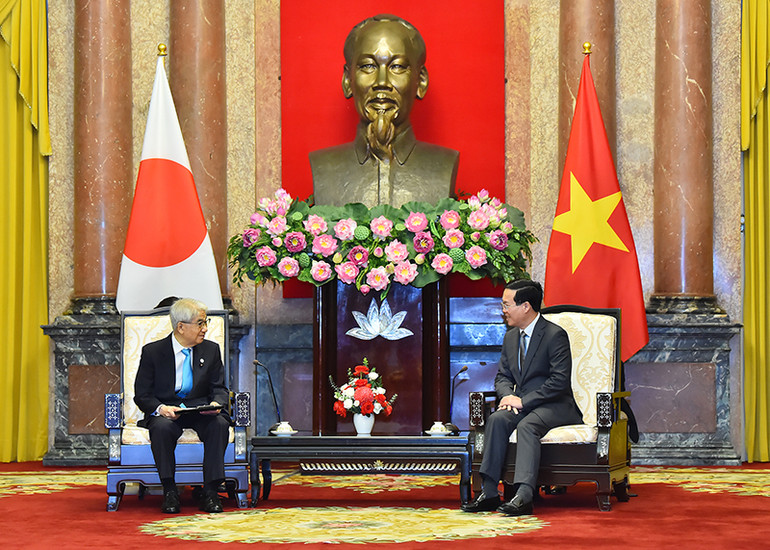 Chủ tịch nước Võ Văn Thưởng tiếp Chủ tịch Thượng viện Nhật Bản Otsuji Hidehisa. (Ảnh: Thủy Nguyên)