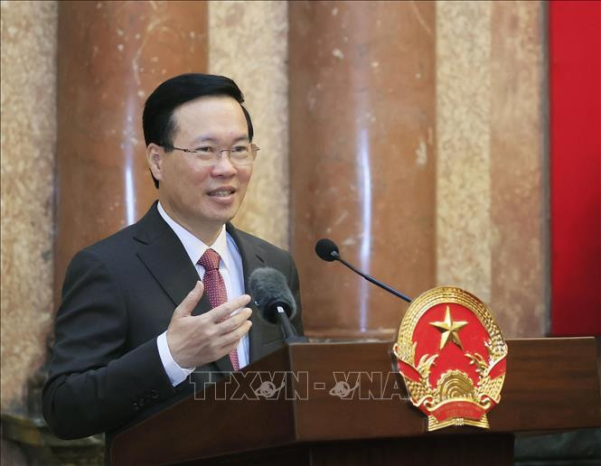 Chủ tịch nước Võ Văn Thưởng phát biểu tại buổi gặp mặt. (Ảnh: TTXVN)