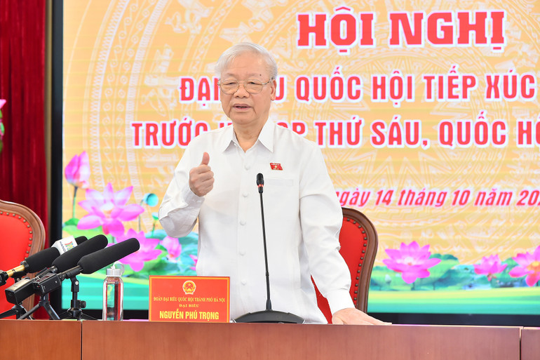 Tổng Bí thư Nguyễn Phú Trọng phát biểu với các cử tri Đơn vị bầu cử số 1, thành phố Hà Nội.