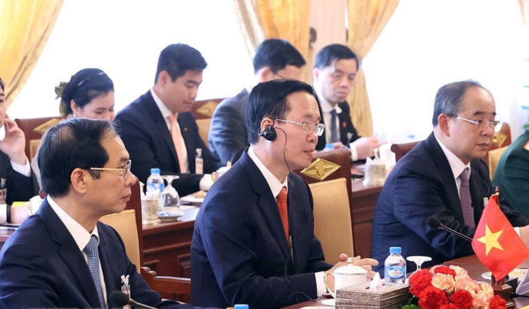 Chủ tịch nước Võ Văn Thưởng phát biểu tại hội đàm. (Ảnh: Thống Nhất/TTXVN)