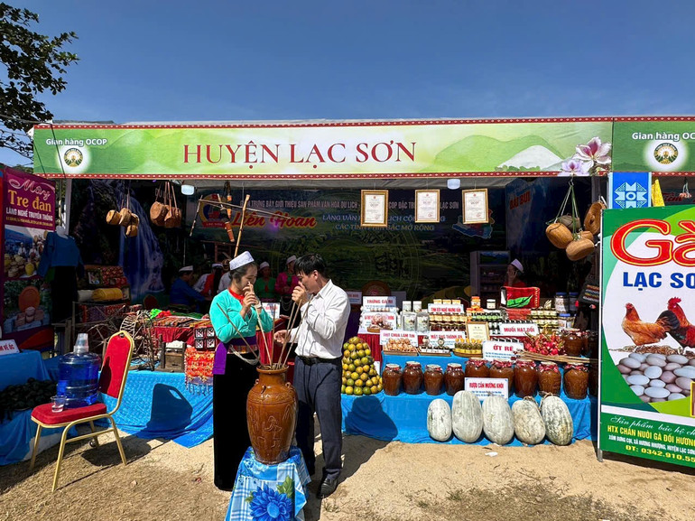 Gian hàng trưng bày các sản phẩm OCOP của huyện Lạc Sơn, Hòa Bình.