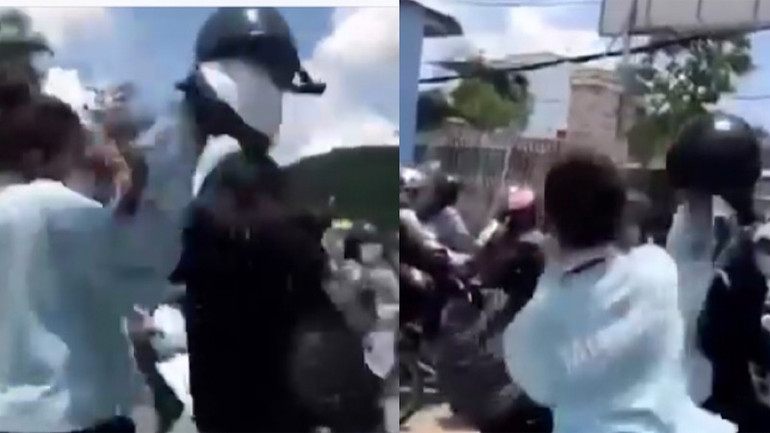 Cảnh một nữ sinh Trường THPT Phan Ngọc Hiển, thành phố phố Bạc Liêu bị đánh tới tấp bằng mũ bảo hiểm (ảnh cắt từ clip) lan truyền trên mạng xã hội Facebook.