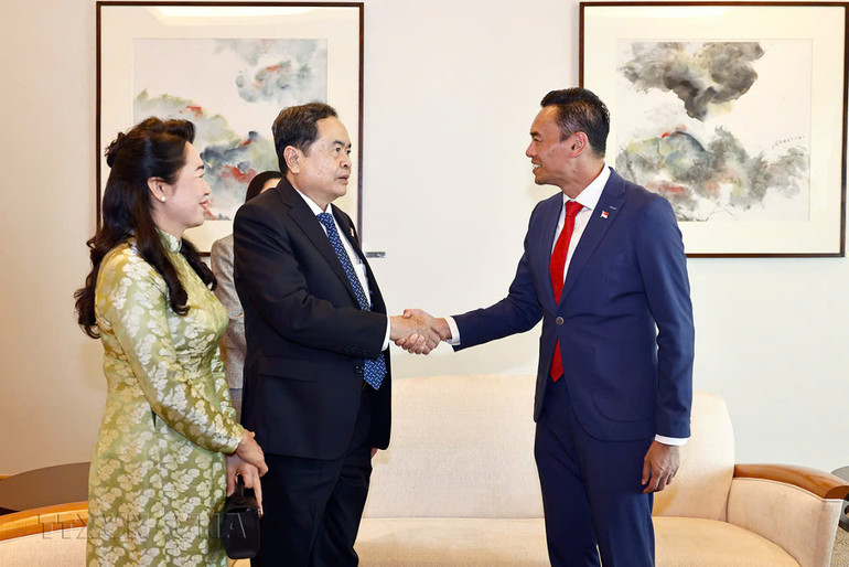 Đại diện lãnh đạo các cơ quan Quốc hội, Hội Nghị sĩ hữu nghị Singapore và Đại sứ Mai Phước Dũng vui mừng chào đón Chủ tịch Quốc hội Trần Thanh Mẫn, Phu nhân Nguyễn Thị Thanh Nga và Đoàn. (Ảnh: Doãn Tấn- TTXVN)