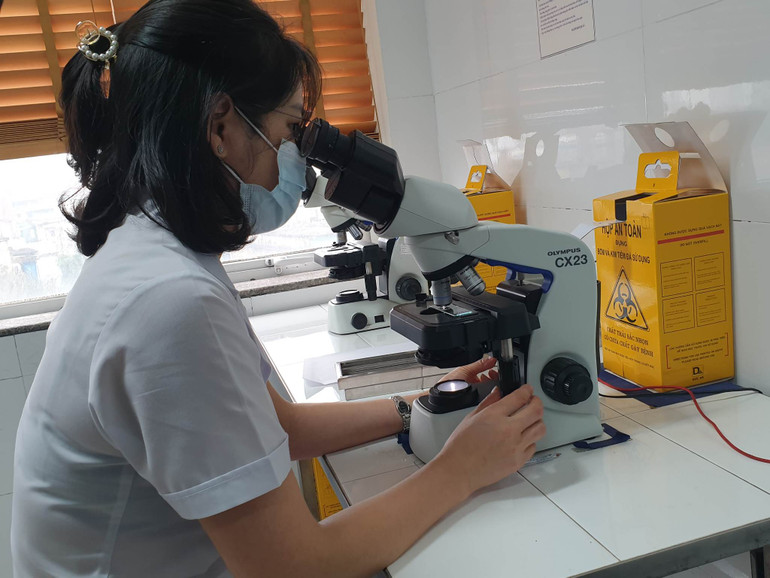 Soi bệnh phẩm trên kính hiển vi để tìm sợi nấm.