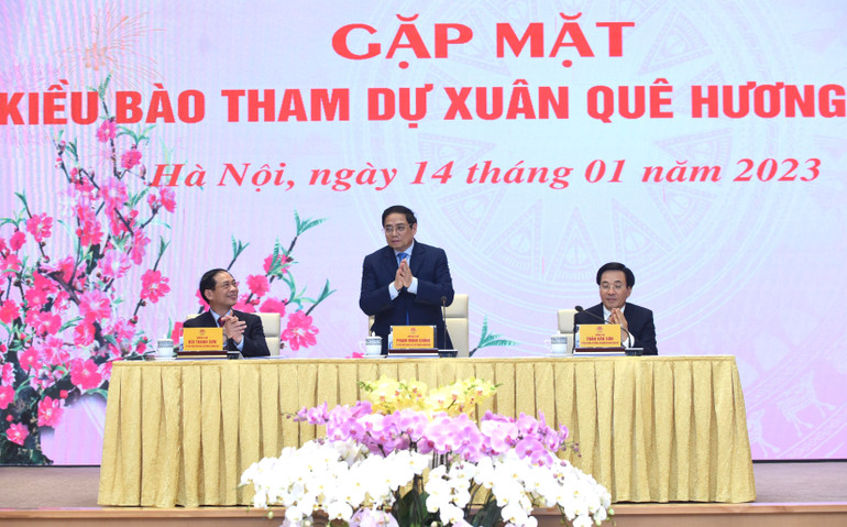 Thủ tướng Phạm Minh Chính gặp mặt kiều bào nhân dịp Tết Nguyên đán 2023. (Ảnh: Trần Hải)