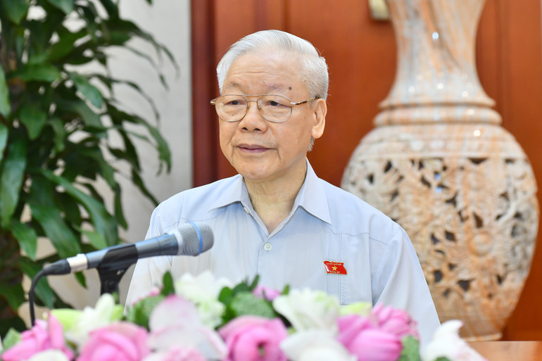 Tổng Bí thư Nguyễn Phú Trọng phát biểu tại buổi gặp mặt Nhóm nữ đại biểu Quốc hội Việt Nam khóa XV. (Ảnh: ĐĂNG KHOA)