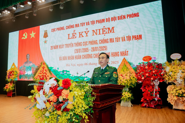 Thiếu tướng Đỗ Ngọc Cảnh, Cục trưởng Cục Phòng, chống ma túy và tội phạm, Bộ Tư lệnh Bộ đội Biên phòng phát biểu tại lễ kỷ niệm. (Ảnh: DUY LIÊM)