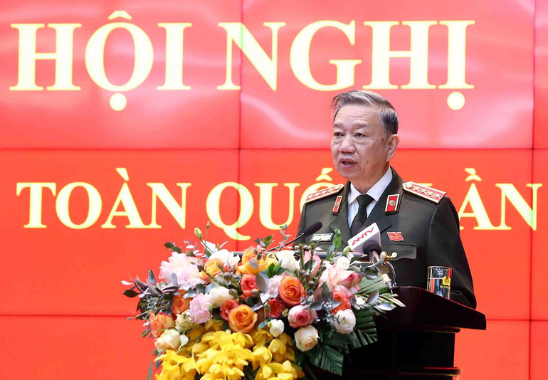 Đại tướng Tô Lâm, Ủy viên Bộ Chính trị, Bộ trưởng Công an phát biểu tại Hội nghị.