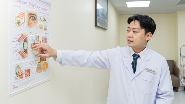 Bác sĩ Huy đang giải thích cấu trúc giải phẫu mắt cho ba mẹ bé. Bác sĩ Huy đang giải thích cấu trúc giải phẫu mắt cho ba mẹ bé.