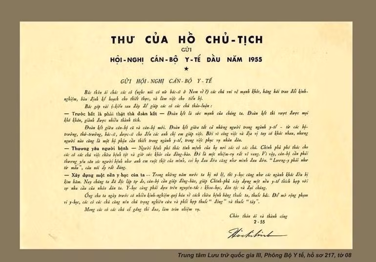 Ngày 26/2/2018, Bộ Y tế tổ chức Lễ tiếp nhận bản sao Thư của Chủ tịch Hồ Chí Minh gửi Hội nghị Cán bộ y tế đầu năm 1955. (Ảnh: Tư liệu) Ngày 26/2/2018, Bộ Y tế tổ chức Lễ tiếp nhận bản sao Thư của Chủ tịch Hồ Chí Minh gửi Hội nghị Cán bộ y tế đầu năm 1955. (Ảnh: Tư liệu)