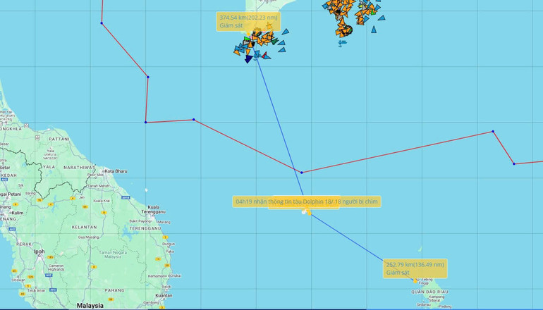 Vị trí tàu DOLPHIN 18 gặp nạn, 18 thuyền viên rời tàu.