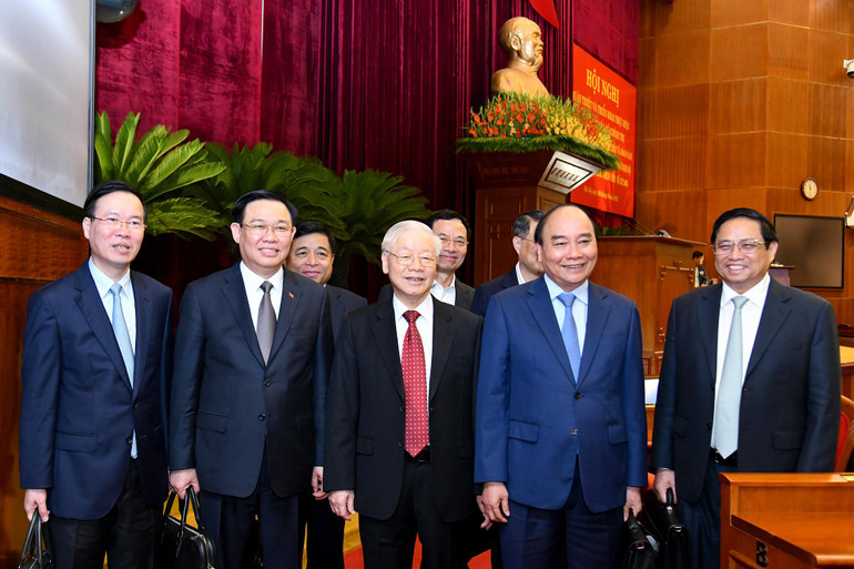 Tổng Bí thư Nguyễn Phú Trọng và các đồng chí lãnh đạo Đảng, Nhà nước và các đại biểu dự hội nghị. (Ảnh: ĐĂNG KHOA)