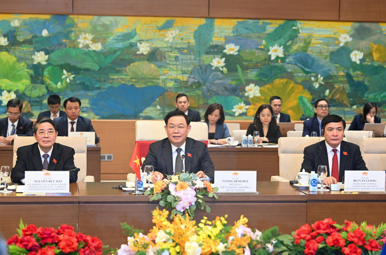 Chủ tịch Quốc hội Vương Đình Huệ phát biểu tại buổi hội kiến. (Ảnh: DUY LINH)