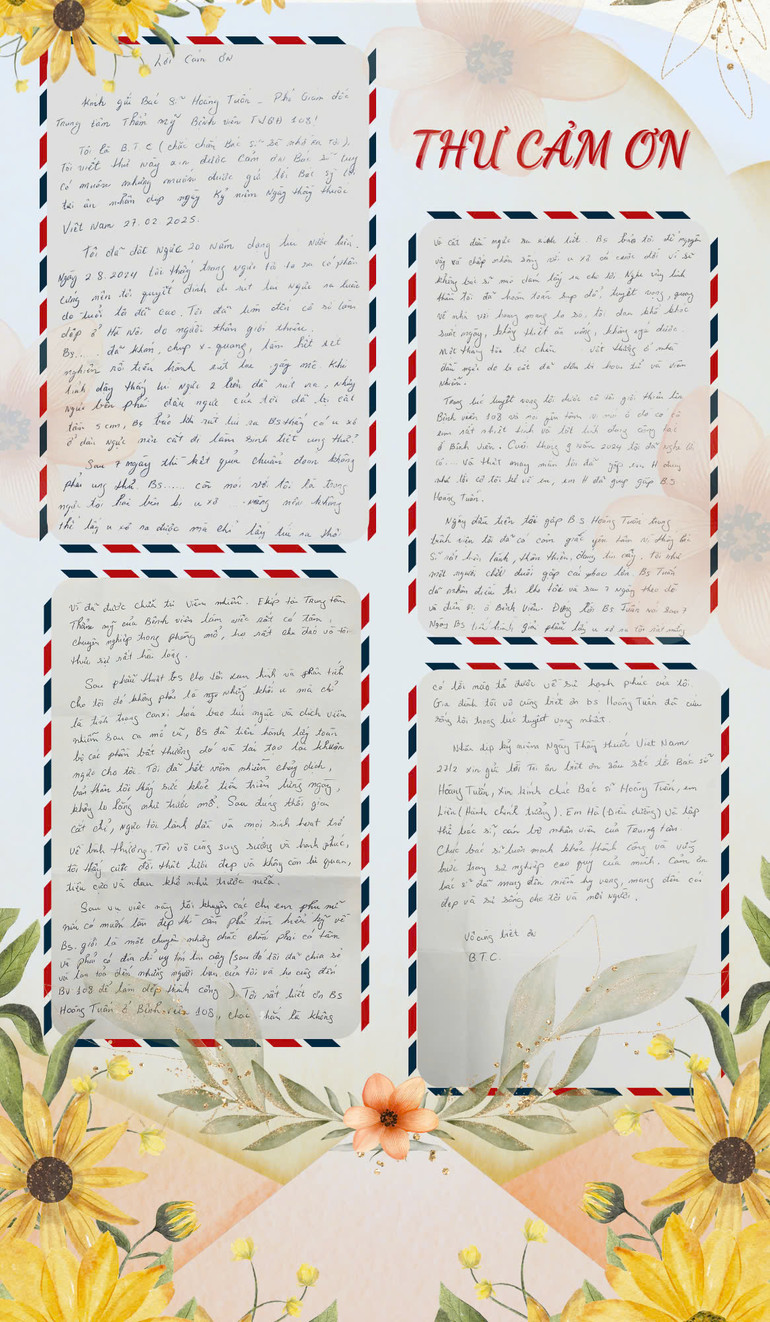 Lá thư tay mộc mạc, cảm động của bệnh nhân B.T.C (Quảng Ninh) gửi cảm ơn tới các thầy thuốc của Bệnh viện Trung ương Quân đội 108. Lá thư tay mộc mạc, cảm động của bệnh nhân B.T.C (Quảng Ninh) gửi cảm ơn tới các thầy thuốc của Bệnh viện Trung ương Quân đội 108.