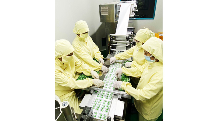 Công nhân sản xuất thuốc viên tại nhà máy của Công ty cổ phần Medcen ở Khu công nghiệp Hòa Bình, Long An. Ảnh: TTXVN