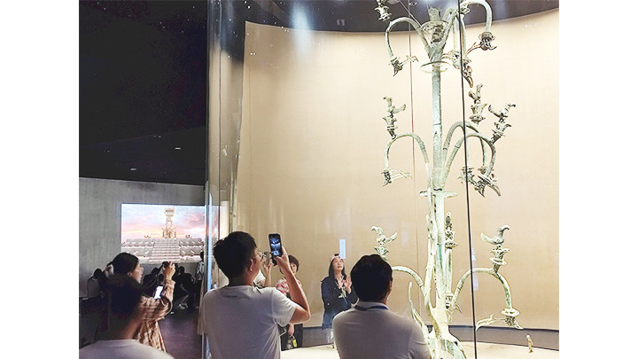 Du khách thưởng lãm cây thiêng bằng đồng.