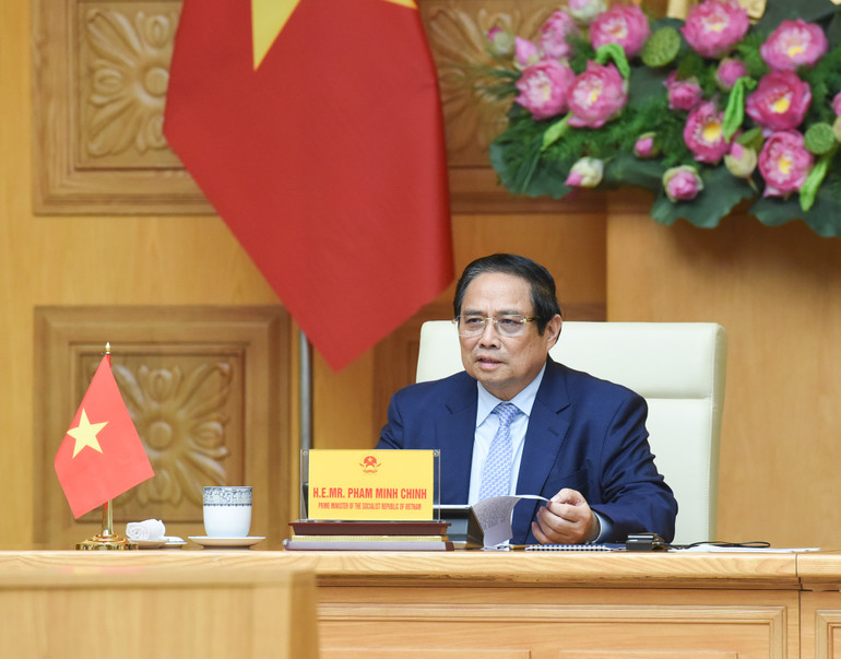 Thủ tướng Phạm Minh Chính phát biểu tại Hội nghị cấp cao trực tuyến về biến đổi khí hậu ở điểm cầu Hà Nội. (Ảnh: TRẦN HẢI)