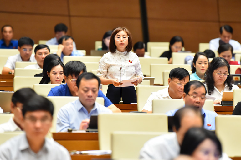 Đại biểu Nguyễn Việt Hà (đoàn Tuyên Quang) nêu quan điểm về việc cần thiết phải bổ sung dao có tính sát thương cao là vũ khí thô sơ. (Ảnh: THỦY NGUYÊN)