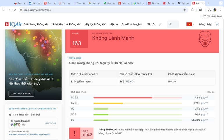 Nồng độ bụi mịn PM2.5 tại Hà Nội sáng 9/10 ở mức báo động đỏ.