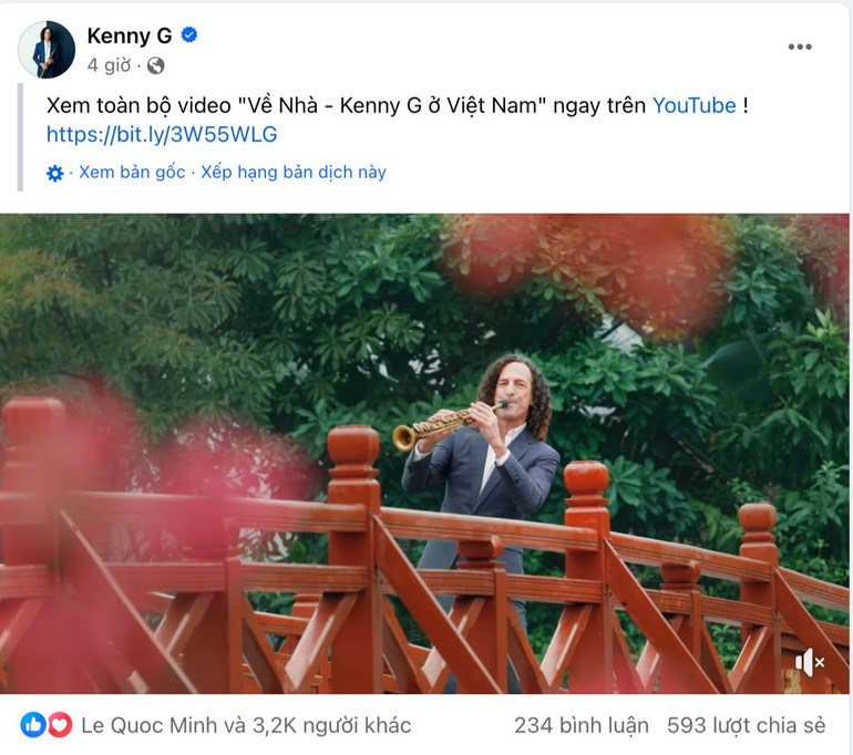 Bài đăng trên fanpage chính thức của Kenny G đã thu hút được một lượng lớn tương tác, bình luận và chia sẻ.