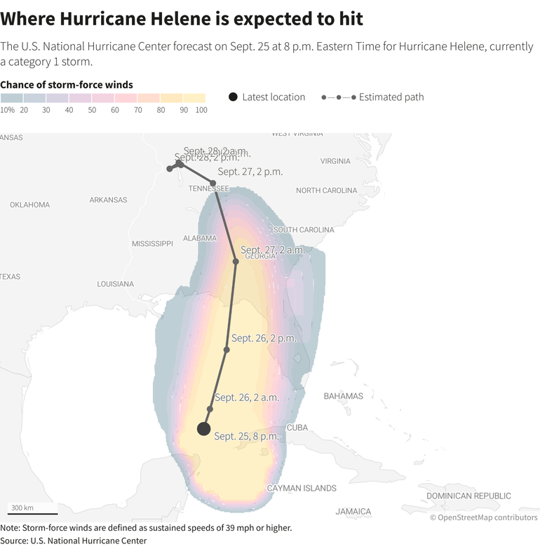 Dự kiến đường đi của bão Helene. (Ảnh: Reuters)