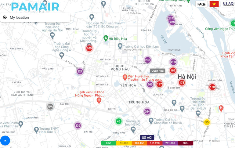 Hệ thống quan trắc của Pam Air cũng đưa ra những chỉ số đáng báo động về chất lượng không khí tại Hà Nội sáng 2/2.