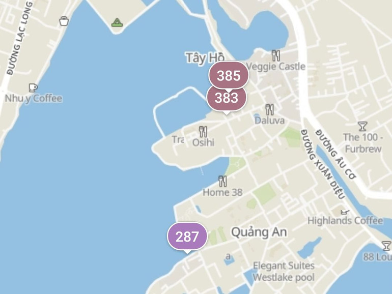 Khu vực chung quanh hồ Tây, chất lượng không khí thậm chí ở mức tím, mức rất có hại cho sức khỏe. (Ảnh chụp màn hình)