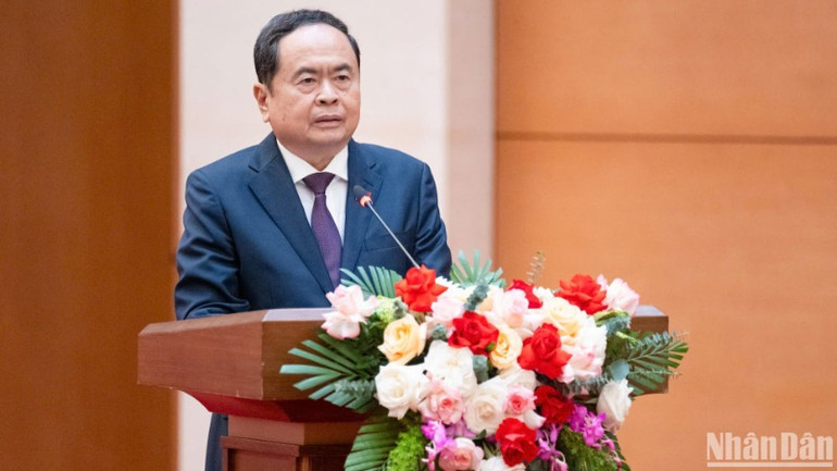 Chủ tịch Quốc hội Trần Thanh Mẫn phát biểu tại cuộc gặp mặt. (Ảnh: DUY LINH)