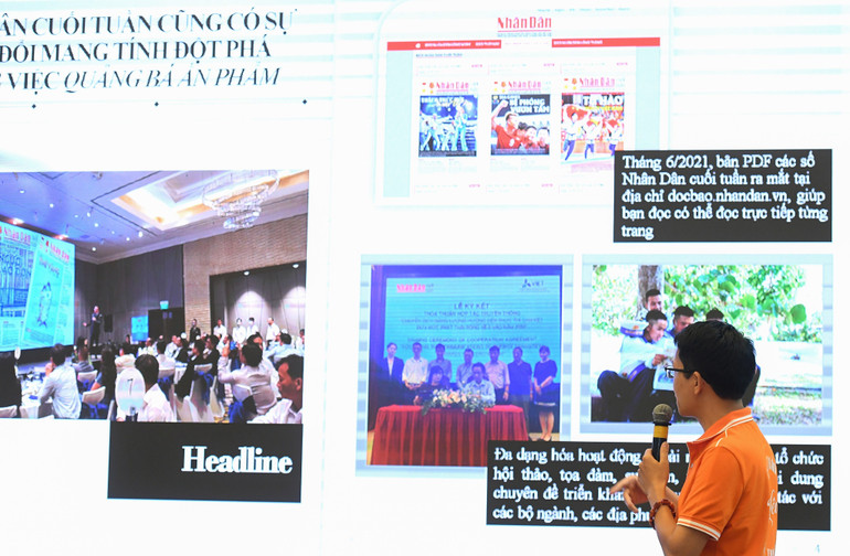 Nhà báo Khúc Hồng Thiện (Ban Nhân Dân cuối tuần) trình bày ý tưởng tại Ngày đổi mới sáng tạo Báo Nhân Dân lần thứ hai.