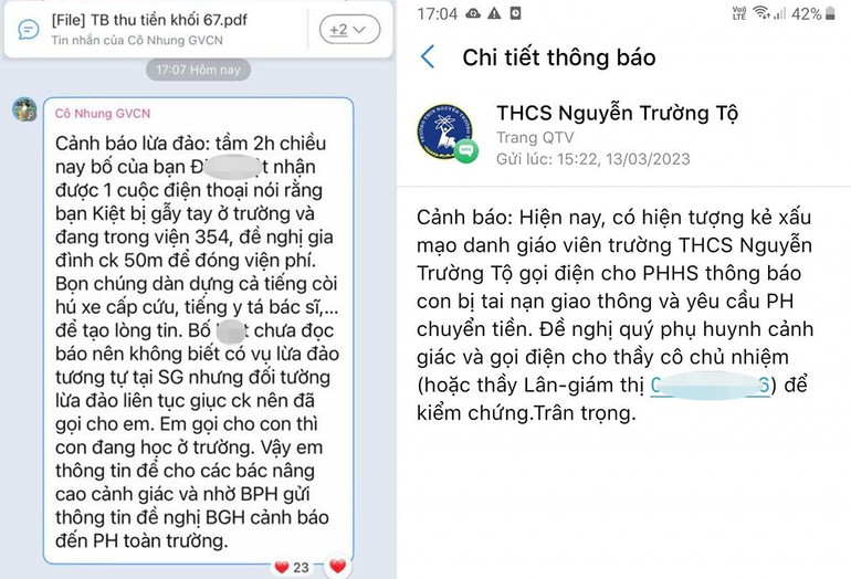 Thông tin về các cuộc gọi lừa đảo và cảnh báo của nhà trường. (Ảnh chụp màn hình)