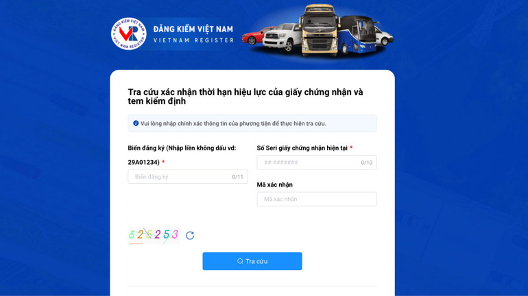 Giao diện trang web xác nhận thời hạn hiệu lực của giấy chứng nhận An toàn kỹ thuật và Bảo vệ môi trường. Giao diện trang web xác nhận thời hạn hiệu lực của giấy chứng nhận An toàn kỹ thuật và Bảo vệ môi trường.