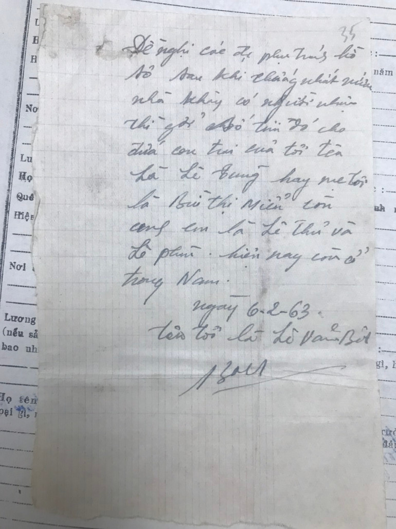 Lời nhắn nhủ của cán bộ Lê Văn Bôi trước khi đi B, viết ngày 06/02/1963. Trung tâm Lưu trữ quốc gia III, Phông Ủy ban Thống nhất Chính phủ, hồ sơ 42304, tờ 33. Lời nhắn nhủ của cán bộ Lê Văn Bôi trước khi đi B, viết ngày 06/02/1963. Trung tâm Lưu trữ quốc gia III, Phông Ủy ban Thống nhất Chính phủ, hồ sơ 42304, tờ 33.