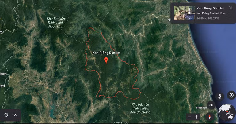 Khu vực huyện Kon Plông, nơi liên tiếp xảy ra các trận động đất vừa qua. (Ảnh: Google Earth)