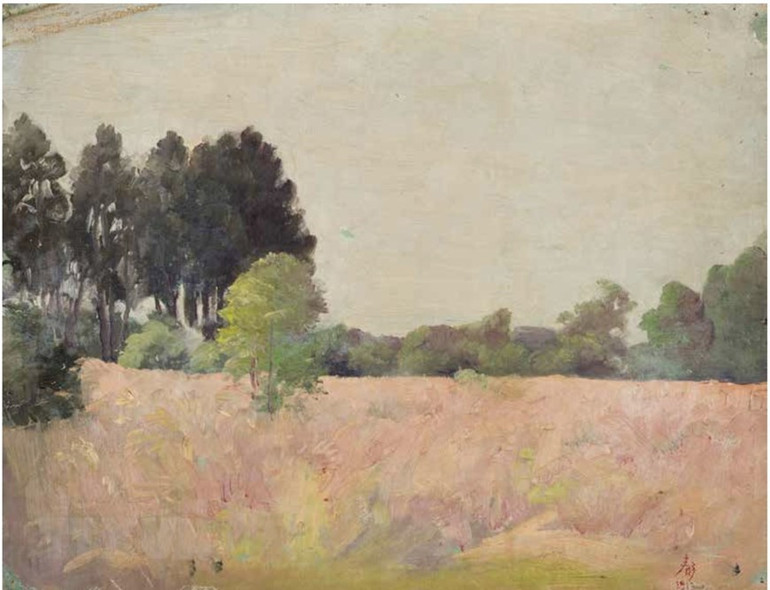 Bức tranh "Cánh đồng lúa mì" của Vua Hàm Nghi là một trong những bức được mua với giá 32.000 Euro. (Ảnh: Nguyễn Thu Hà/TTXVN)