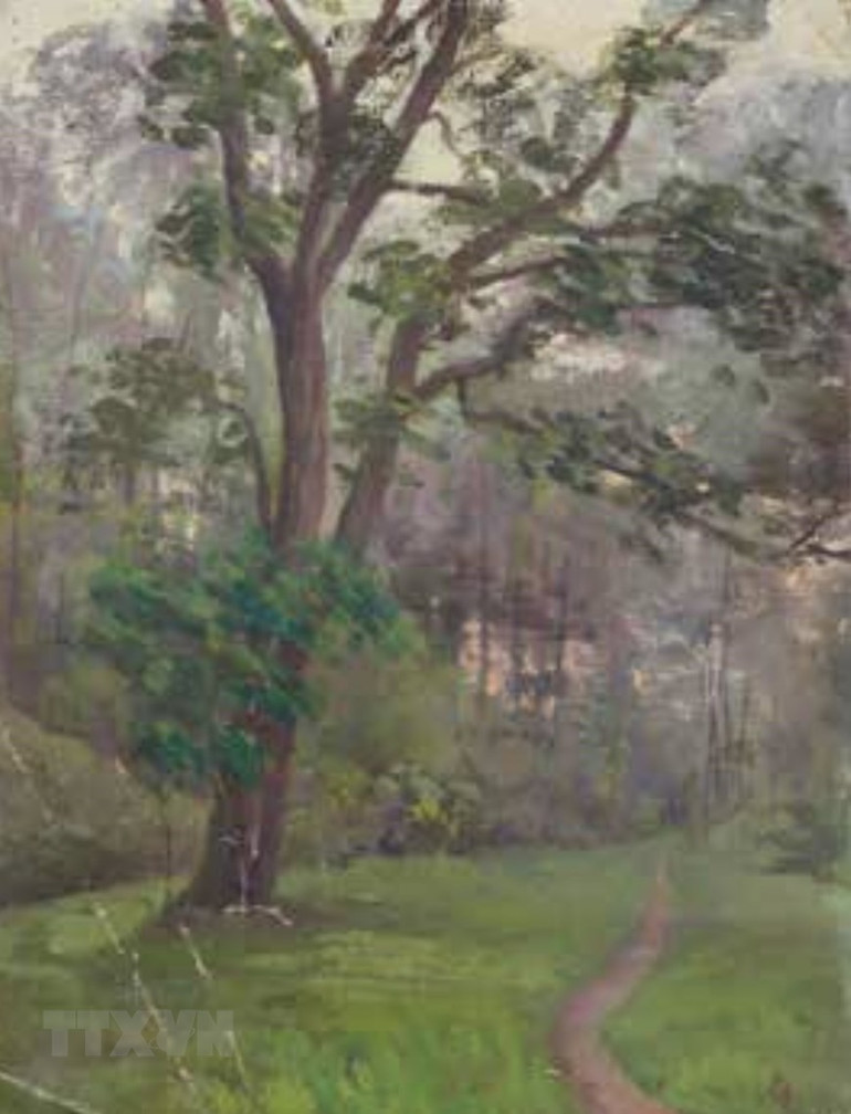 Bức tranh &quot;Bụi rậm dưới bóng hoàng hôn&quot; của Vua Hàm Nghi được mua với giá 38.000 Euro. (Ảnh: Nguyễn Thu Hà/TTXVN)