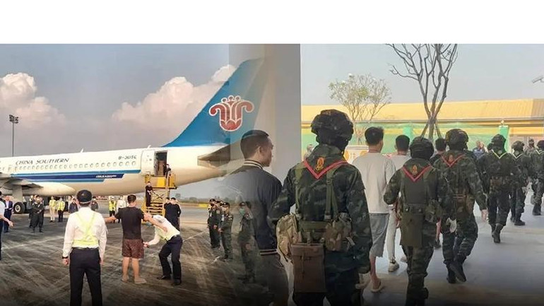 Máy bay hãng hàng không China Southern Airlines tại sân bay quốc tế Mae Sot, tỉnh Tak, Thái Lan đưa công dân Trung Quốc về nước. (Ảnh: NBT)