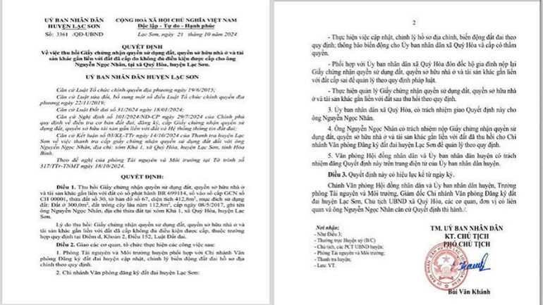 Quyết định về việc thu hồi giấy CNQSDĐ, quyền sở hữu nhà ở và tài sản khác gắn liền với đất đã cấp do không đủ điều kiện được cấp cho ông Nguyễn Ngọc Nhân, tại xã Quý Hòa, huyện Lạc Sơn.