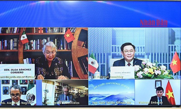 Chủ tịch Thượng viện Mexico Olga Sanchez Cordero phát biểu tại buổi hội đàm trực tuyến. (Ảnh Duy Linh) Chủ tịch Thượng viện Mexico Olga Sanchez Cordero phát biểu tại buổi hội đàm trực tuyến. (Ảnh Duy Linh)