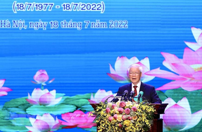 Tổng Bí thư Nguyễn Phú Trọng đọc diễn văn tại Lễ kỷ niệm. (Ảnh: Lâm Khánh/TTXVN)