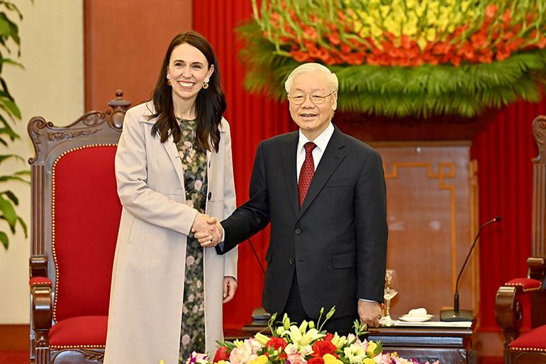 Tổng Bí thư Nguyễn Phú Trọng và Thủ tướng New Zealand Jacinda Ardern tại buổi tiếp.
