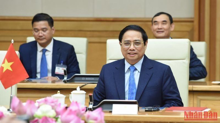 Thủ tướng Phạm Minh Chính phát biểu tại buổi hội đàm. (Ảnh: Trần Hải)