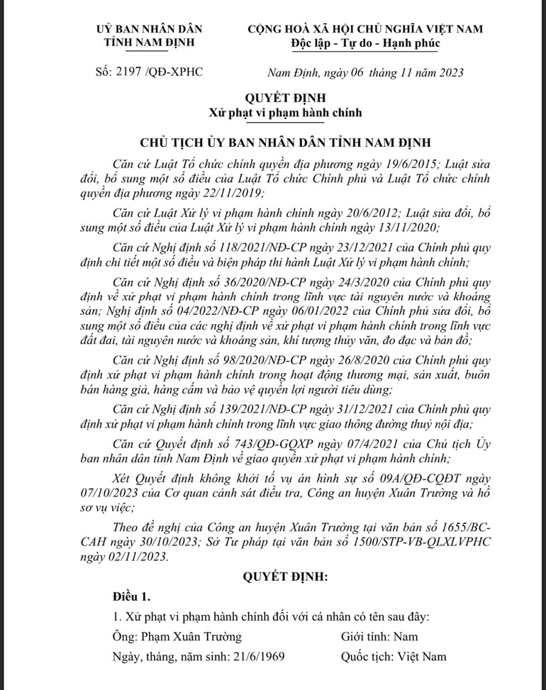 Quyết định xử phạt vi phạm hành chính của Ủy ban nhân dân tỉnh Nam Định đối với ông Phạm Xuân Trường.