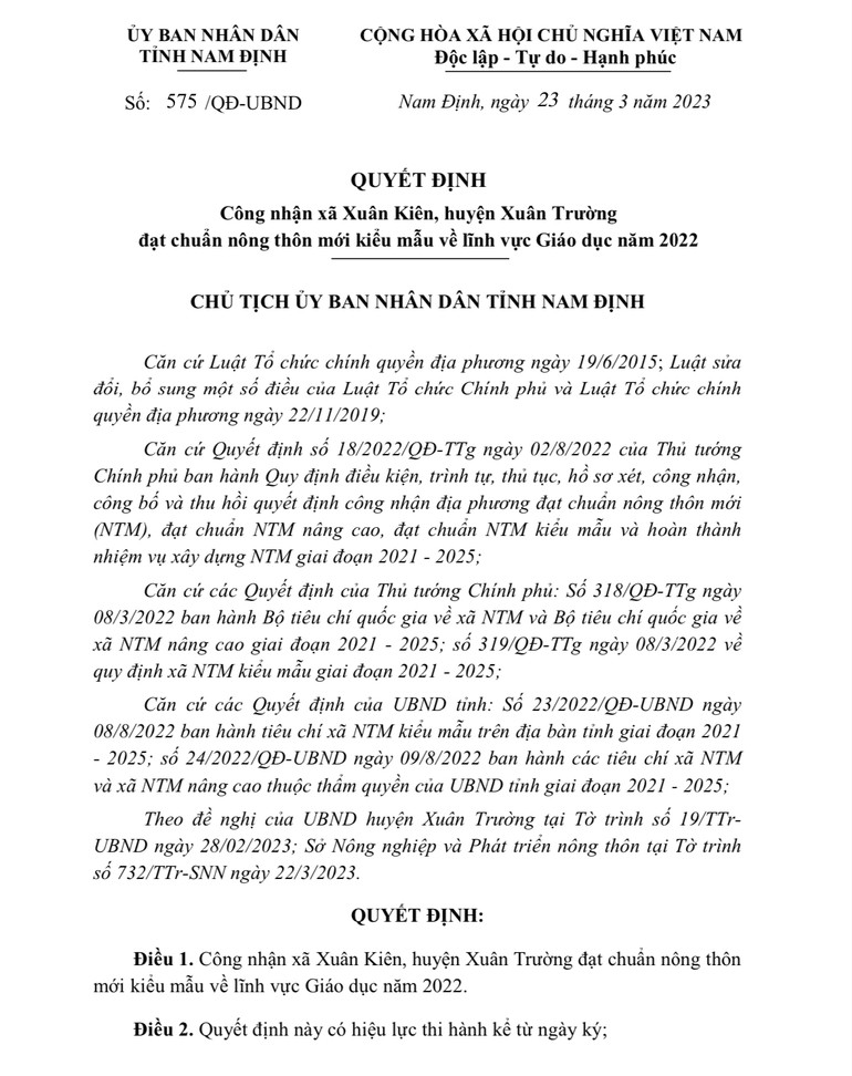 Quyết định của Ủy ban nhân dân tỉnh Nam Định công nhận xã Xuân Kiên, huyện Xuân Trường đạt chuẩn nông thôn mới kiểu mẫu về lĩnh vực giáo dục năm 2022.
