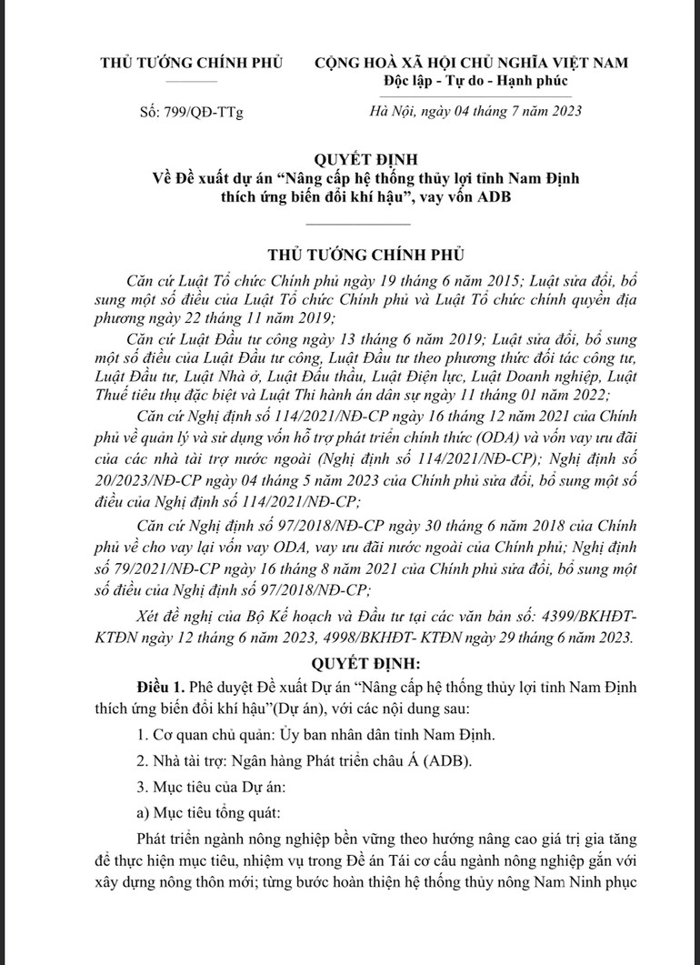 Quyết định của Thủ tướng Chính phủ phê duyệt đề xuất dự án "Nâng cấp hệ thống thủy lợi tỉnh Nam Định thích ứng biến đổi khí hậu".