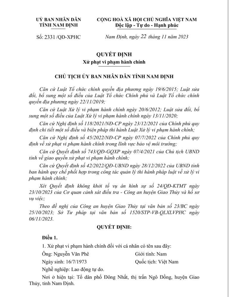 Quyết định xử phạt vi phạm hành chính của Ủy ban nhân dân tỉnh Nam Định đối với ông Nguyễn Văn Phê. Quyết định xử phạt vi phạm hành chính của Ủy ban nhân dân tỉnh Nam Định đối với ông Nguyễn Văn Phê.