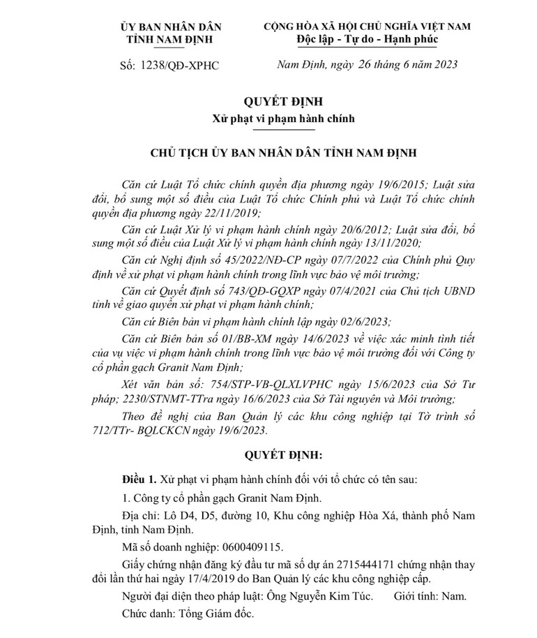 Quyết định xử phạt vi phạm hành chính đối với Công ty cổ phần gạch Granit Nam Định vừa được Ủy ban nhân dân tỉnh ban hành.