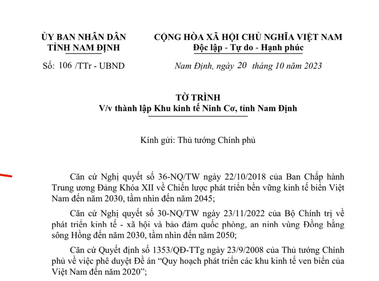 Tờ trình của Ủy ban nhân dân tỉnh Nam Định trình Thủ tướng Chính phủ xem xét, quyết định thành lập Khu kinh tế Ninh Cơ.