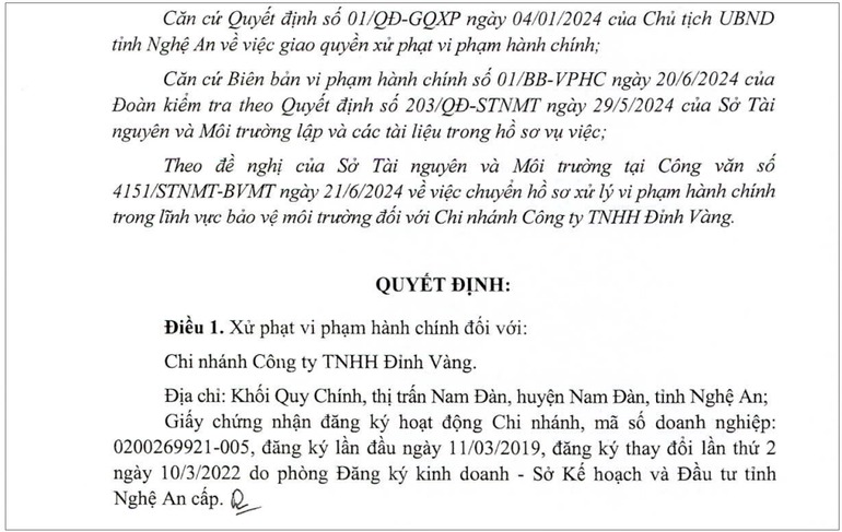 Quyết định xử phạt của Ủy ban nhân dân tỉnh Nghệ An đối với Chi nhánh Công ty trách nhiệm hữu hạn Đỉnh Vàng.